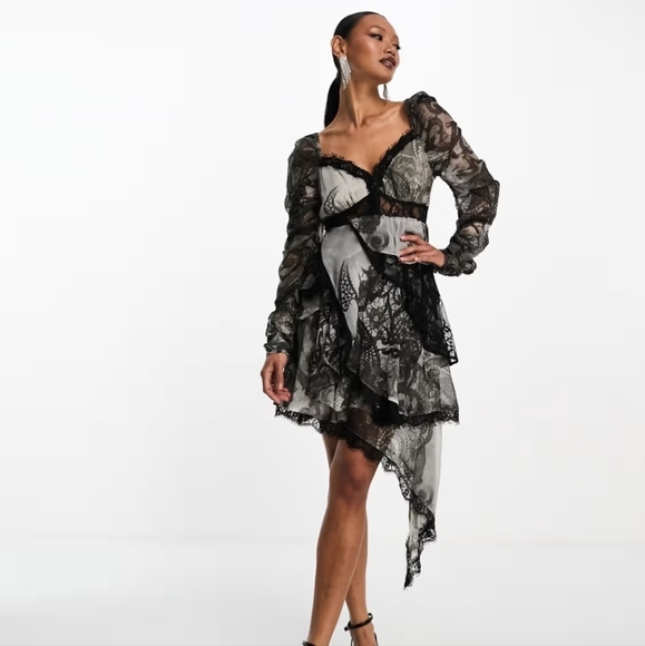 ASOS DESIGN lace insert asymmetric hem mini skater dress in gray print Size 14 - Picture 1 of 8
